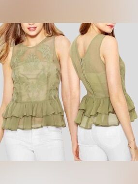 Guess Sleeveless Flowy Sage Green Sheer Lightweight Peplum Top. Large. NEW.
